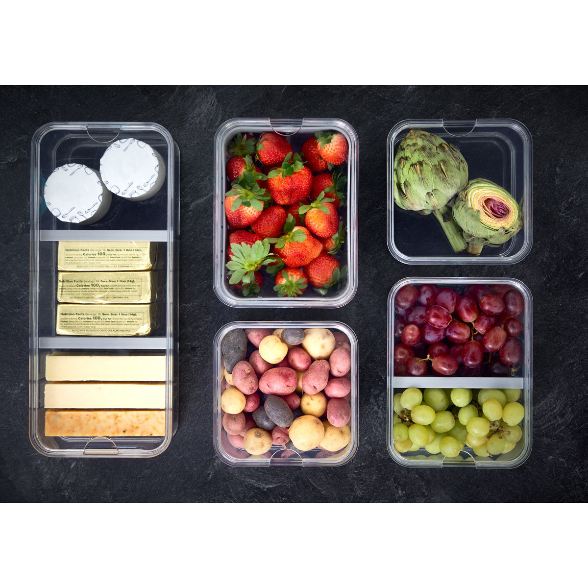 iDesign 5-Piece Recycled Plastic Refrigerator Organizer Bin Set with Lids, Clear/Gray (Set of 5)
